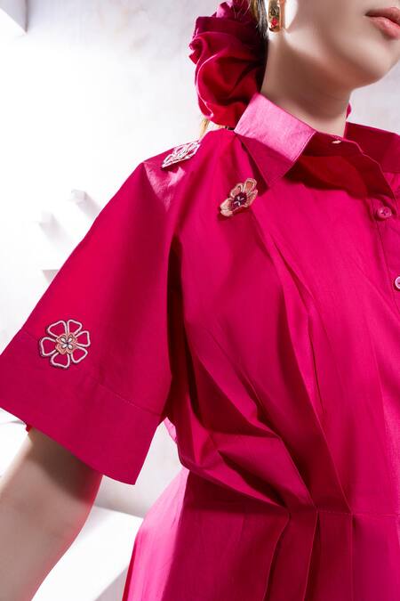 Buy_The White Tree Studio_Magenta Organic Cotton Poplin Embroidery Uzuri Patchwork Top And Flared Pant Set 