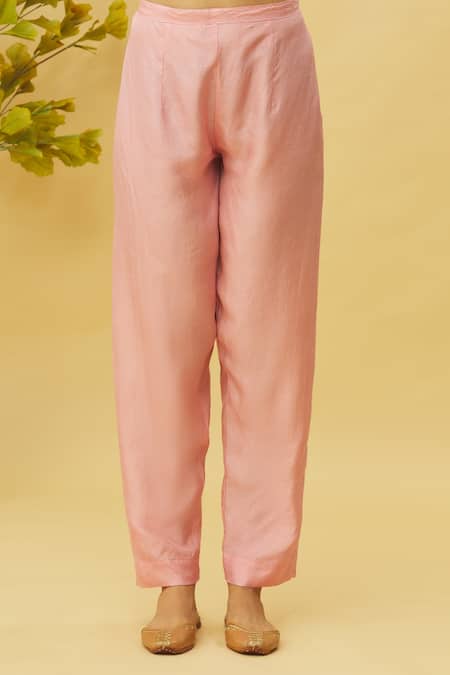 Samyukta Singhania_Pink Chiffon, Denim Sequins, Zari, Embroidery Placed Pattern Top With Pant_Online_at_Aza_Fashions