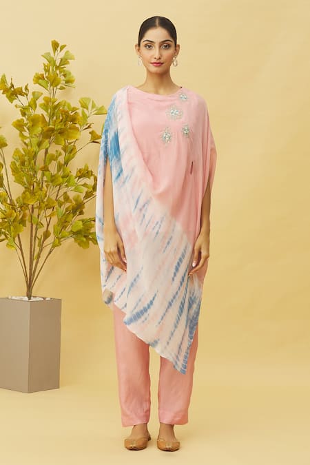 Buy_Samyukta Singhania_Pink Chiffon, Denim Sequins, Zari, Embroidery Placed Pattern Top With Pant_Online_at_Aza_Fashions