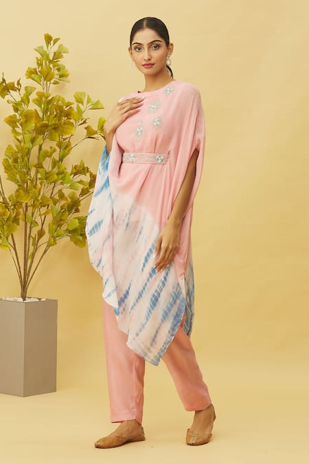 Shop_Samyukta Singhania_Pink Chiffon, Denim Sequins, Zari, Embroidery Placed Pattern Top With Pant_Online_at_Aza_Fashions