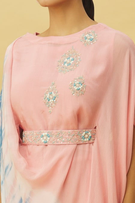 Samyukta Singhania_Pink Chiffon, Denim Sequins, Zari, Embroidery Placed Pattern Top With Pant_at_Aza_Fashions