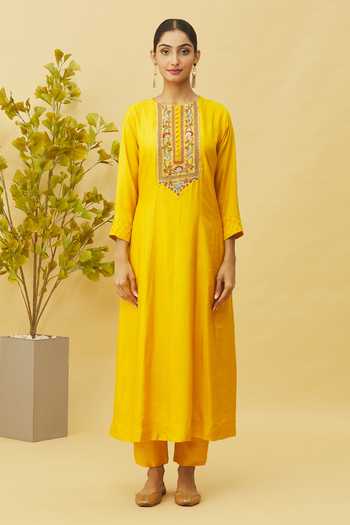 Samyukta Singhania_Yellow Silk, Bamboo Embroidery, Zardozi Embellished Placket Anarkali Pant Set_Online_at_Aza_Fashions