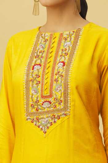Shop_Samyukta Singhania_Yellow Silk, Bamboo Embroidery, Zardozi Embellished Placket Anarkali Pant Set_Online_at_Aza_Fashions