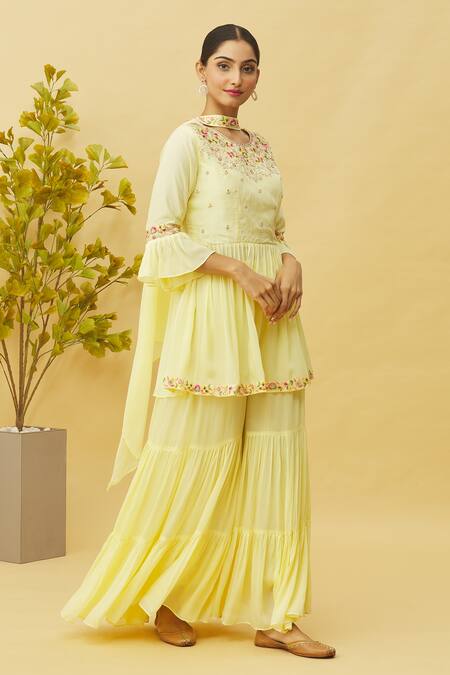Buy_Samyukta Singhania_Yellow Bamboo, Silk, Chiffon Cut Work, Sequins, Floral Peplum Top Sharara Set_Online_at_Aza_Fashions