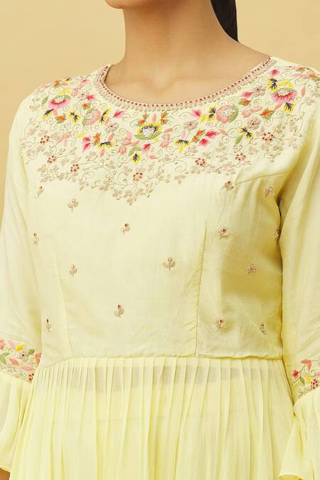 Shop_Samyukta Singhania_Yellow Bamboo, Silk, Chiffon Cut Work, Sequins, Floral Peplum Top Sharara Set_Online_at_Aza_Fashions