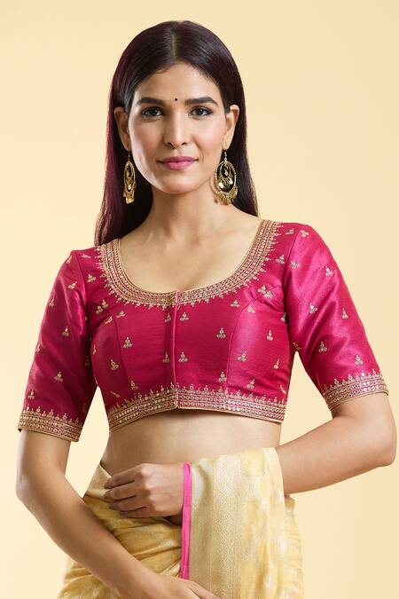 Samyukta Singhania Magenta Silk Sequins Round Neck Ditsy Floret Embroidered Blouse Online at Aza Fashions Samyukta Singhania_Magenta Silk Sequins Round Neck Ditsy Floret Embroidered Blouse _Online_at_Aza_Fashions
