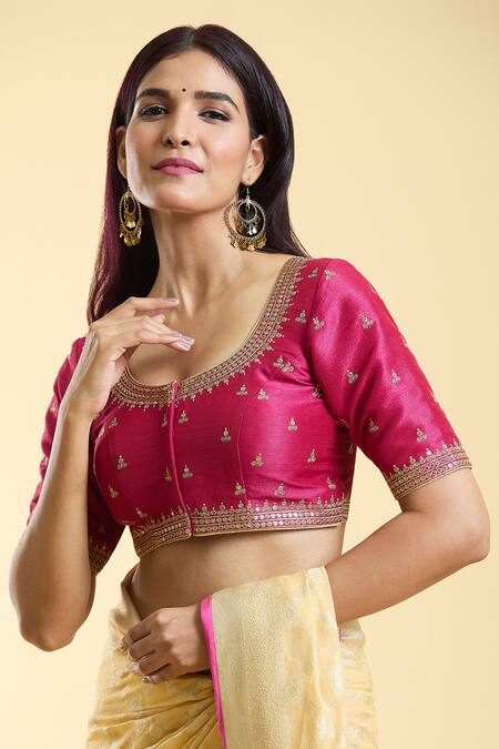 Buy Samyukta Singhania Magenta Silk Sequins Round Neck Ditsy Floret Embroidered Blouse Online at Aza Fashions Buy_Samyukta Singhania_Magenta Silk Sequins Round Neck Ditsy Floret Embroidered Blouse _Online_at_Aza_Fashions