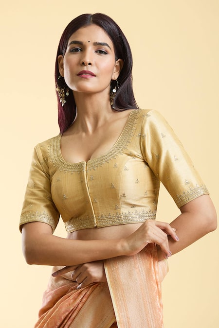 Samyukta Singhania_Gold Silk Embroidery Round Neck Ditsy Blossom Blouse _Online_at_Aza_Fashions