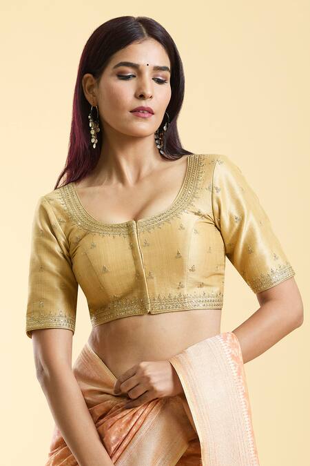 Buy_Samyukta Singhania_Gold Silk Embroidery Round Neck Ditsy Blossom Blouse _Online_at_Aza_Fashions