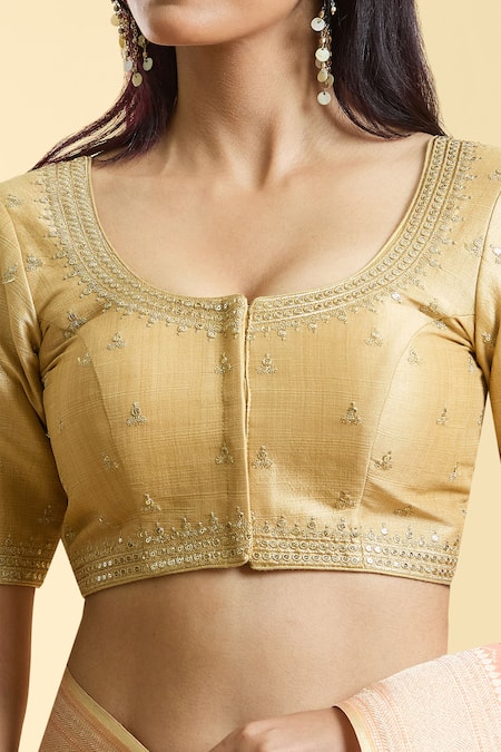 Shop_Samyukta Singhania_Gold Silk Embroidery Round Neck Ditsy Blossom Blouse _Online_at_Aza_Fashions