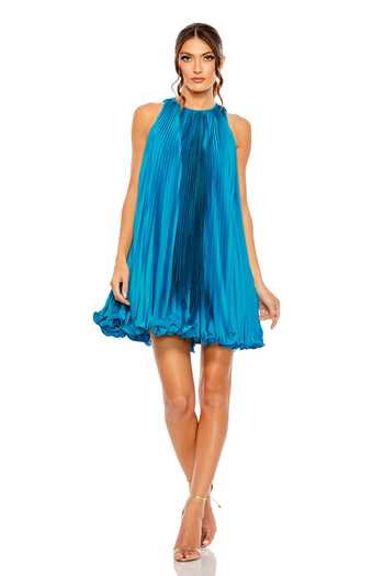 Mac Duggal_Blue Polyester Halter Neck Solid Pleated Short Dress _Online_at_Aza_Fashions