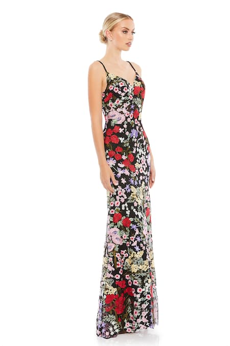 Shop Mac Duggal Black Polyester Embroidery V-neck Floral And Lace Hand Gown at Aza Fashions Shop_Mac Duggal_Black Polyester Embroidery V-neck Floral And Lace Hand Gown _at_Aza_Fashions
