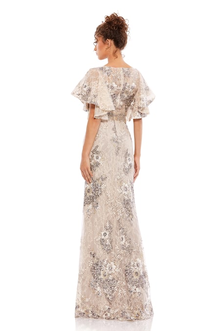 Shop_Mac Duggal_Beige Polyester Embroidery, Sequins V-neck Hand Gown _at_Aza_Fashions