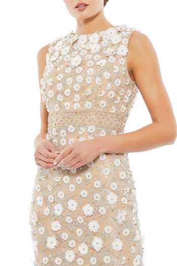 Mac Duggal_Ivory Polyester Pearls, Beads, Fabric Flowers Round Hand Embroidered Midi Dress _Online_at_Aza_Fashions