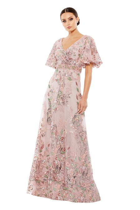 Buy_Mac Duggal_Beige Polyester Embroidery, Sequins V-neck Floral Hand Gown _at_Aza_Fashions