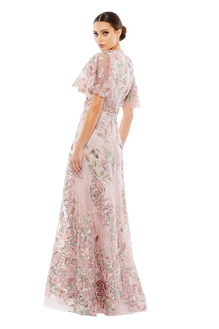 Shop Mac Duggal Beige Polyester Embroidery, Sequins V-neck Floral Hand Gown at Aza Fashions Shop_Mac Duggal_Beige Polyester Embroidery, Sequins V-neck Floral Hand Gown _at_Aza_Fashions