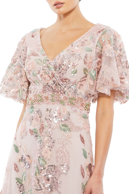 Mac Duggal_Beige Polyester Embroidery, Sequins V-neck Floral Hand Gown _Online_at_Aza_Fashions