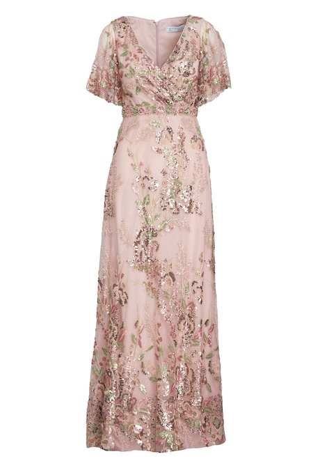 Buy_Mac Duggal_Beige Polyester Embroidery, Sequins V-neck Floral Hand Gown _Online_at_Aza_Fashions