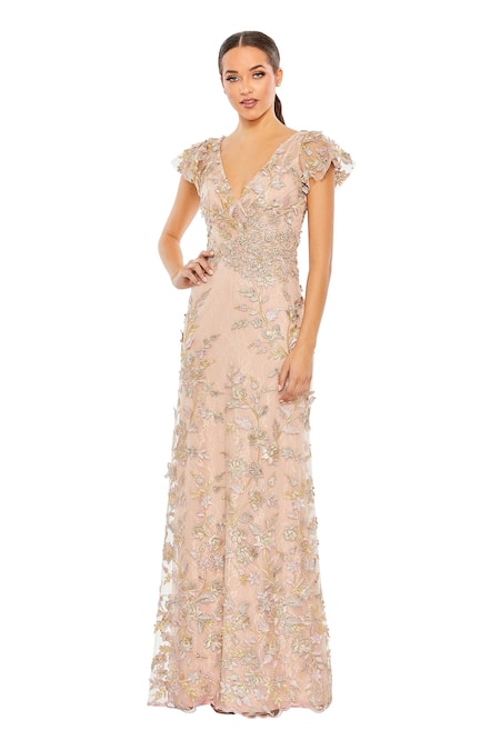 Mac Duggal Floral Applique Hand Embroidered Gown 