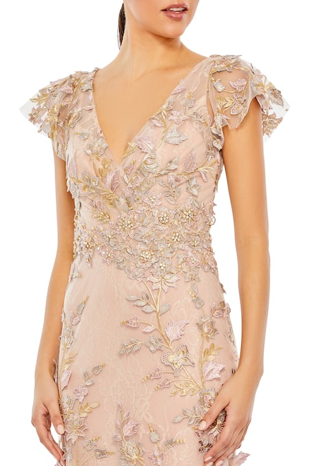 Mac Duggal_Peach Polyester Applique V-neck Floral Hand Embroidered Gown _Online_at_Aza_Fashions