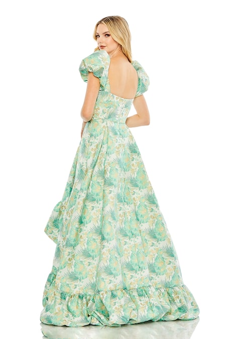 Shop_Mac Duggal_Green Polyester Square Neck Floral Print High-low Gown _at_Aza_Fashions