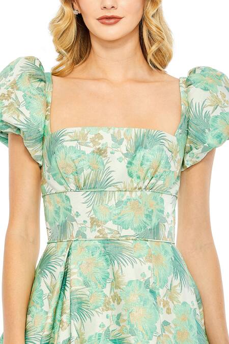 Mac Duggal_Green Polyester Square Neck Floral Print High-low Gown _Online_at_Aza_Fashions