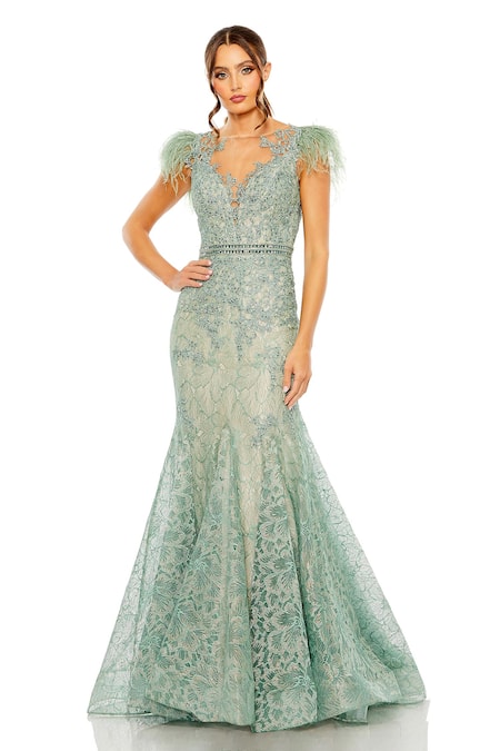 Mac Duggal Green Polyester Hand Embroidered Floral Round Gown 