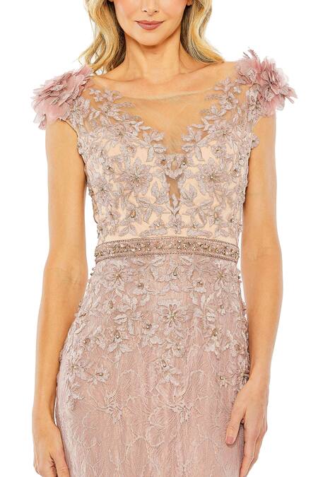 Mac Duggal_Brown Polyester Embroidery V-neck Floral Hand Work Gown _Online_at_Aza_Fashions