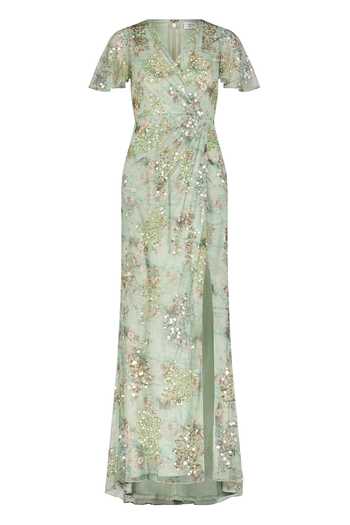 Shop Mac Duggal Green Polyester Sequins V-neck Hand Embroidered Wrap Gown at Aza Fashions Shop_Mac Duggal_Green Polyester Sequins V-neck Hand Embroidered Wrap Gown _at_Aza_Fashions