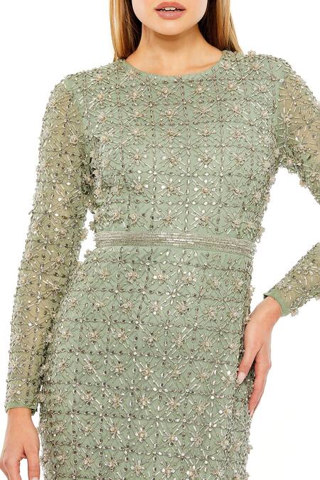 Mac Duggal_Green Net Sequins, Beads Round Neck Hand Embroidered Gown _Online_at_Aza_Fashions