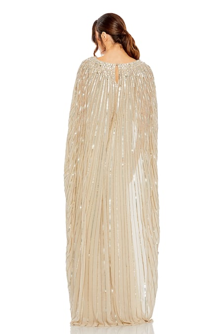 Shop_Mac Duggal_Beige Polyester Sequins, Crystals Boat Neck Hand Embroidered Cape Gown _at_Aza_Fashions