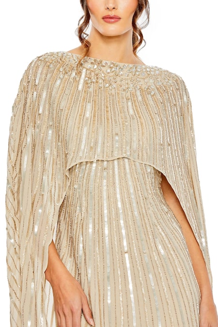Mac Duggal_Beige Polyester Sequins, Crystals Boat Neck Hand Embroidered Cape Gown _Online_at_Aza_Fashions