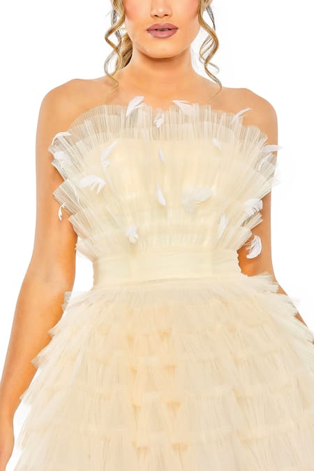Buy_Mac Duggal_Ivory Polyester Feathers Off-shoulder Detailed Short Dress _Online_at_Aza_Fashions