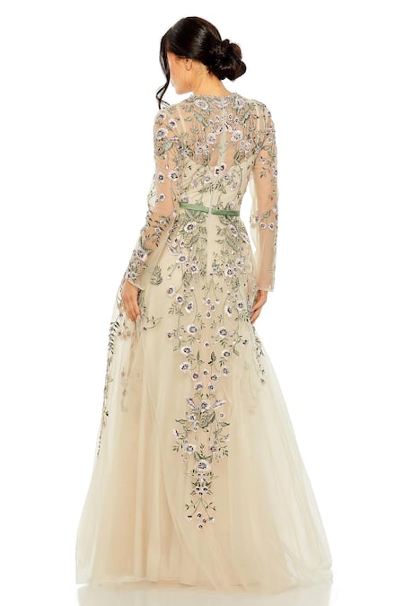 Shop_Mac Duggal_Beige Polyester Beads, Embroidery Round Neck Floral Hand Embellished Gown _at_Aza_Fashions