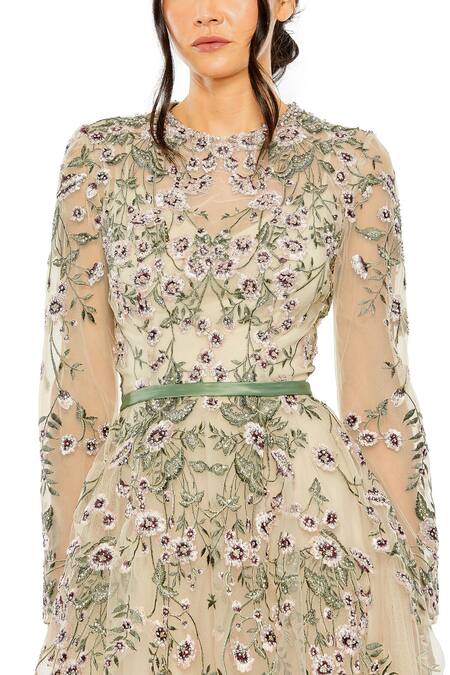 Mac Duggal_Beige Polyester Beads, Embroidery Round Neck Floral Hand Embellished Gown _Online_at_Aza_Fashions