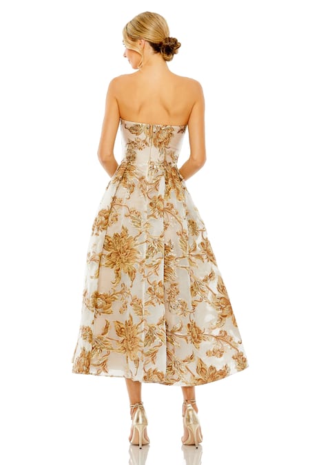 Shop Mac Duggal Brown Brocade, Polyester Embroidery Bandeau Neck Strapless Midi Dress at Aza Fashions Shop_Mac Duggal_Brown Brocade, Polyester Embroidery Bandeau Neck Strapless Midi Dress _at_Aza_Fashions