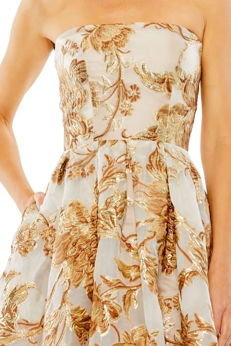 Mac Duggal Brown Brocade, Polyester Embroidery Bandeau Neck Strapless Midi Dress Online at Aza Fashions Mac Duggal_Brown Brocade, Polyester Embroidery Bandeau Neck Strapless Midi Dress _Online_at_Aza_Fashions