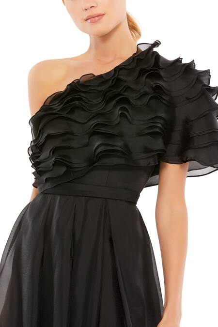 Mac Duggal_Black Polyester Ruffles Asymmetric Detailed One Shoulder Gown _Online_at_Aza_Fashions