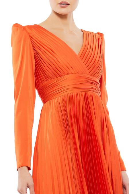 Mac Duggal_Orange Polyester Embroidery V-neck Pleated Gown _Online_at_Aza_Fashions