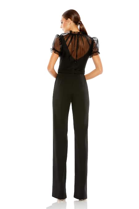 Shop Mac Duggal Black Crepe Buckles High Neck Illusion Jumpsuit at Aza Fashions Shop_Mac Duggal_Black Crepe Buckles High Neck Illusion Jumpsuit _at_Aza_Fashions