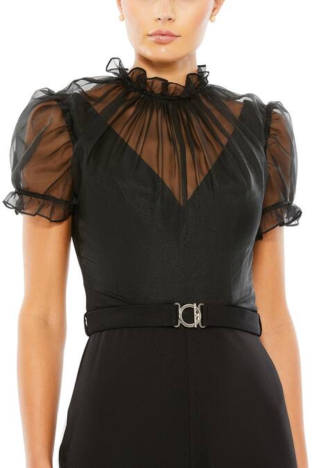 Mac Duggal Black Crepe Buckles High Neck Illusion Jumpsuit Online at Aza Fashions Mac Duggal_Black Crepe Buckles High Neck Illusion Jumpsuit _Online_at_Aza_Fashions