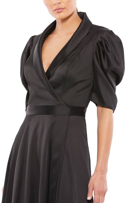 Mac Duggal_Black Satin Collared Puff Sleeve Wrap Dress _Online_at_Aza_Fashions