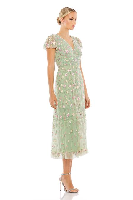 Mac Duggal_Green Net Embroidery V-neck Floral Midi Dress _Online_at_Aza_Fashions