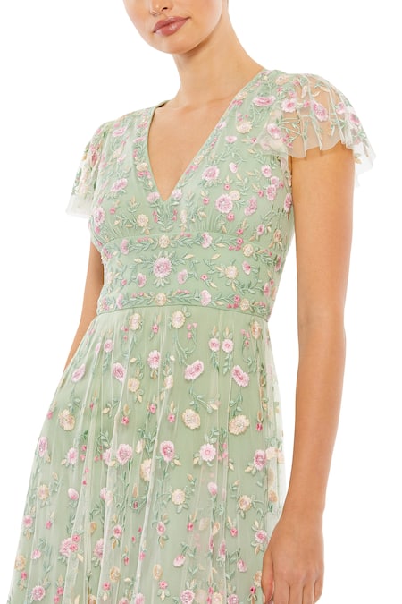 Buy_Mac Duggal_Green Net Embroidery V-neck Floral Midi Dress _Online_at_Aza_Fashions