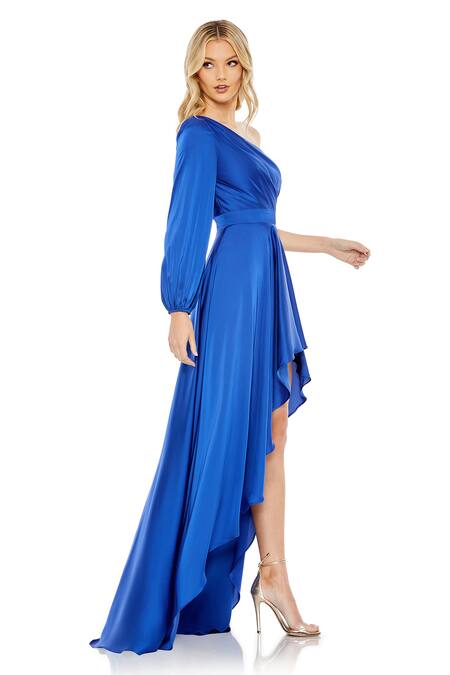 Mac Duggal_Blue Satin Asymmetric One Shoulder Gown _Online_at_Aza_Fashions