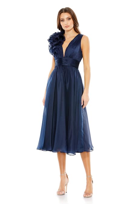 Mac Duggal Blue Chiffon Rosette Plunge V A-line Midi Dress