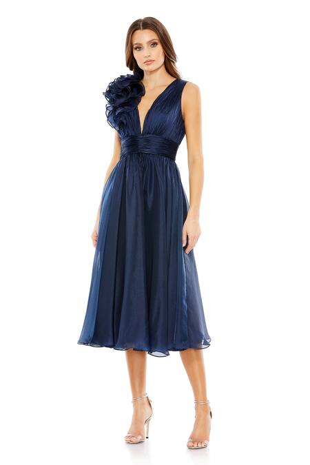 Mac Duggal_Blue Chiffon Ruffles Plunge Neck A-line Midi Dress _Online_at_Aza_Fashions
