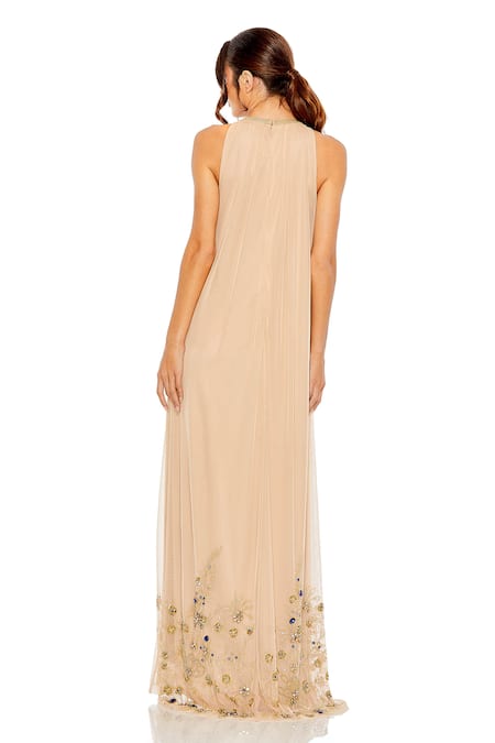 Shop_Mac Duggal_Beige Polyester Sequins, Beads Round Neck Floral Embellished Full Length Gown _at_Aza_Fashions