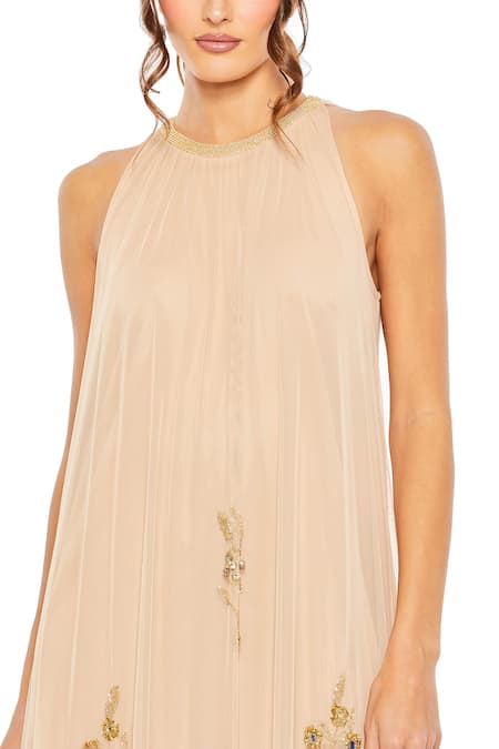 Mac Duggal_Beige Polyester Sequins, Beads Round Neck Floral Embellished Full Length Gown _Online_at_Aza_Fashions