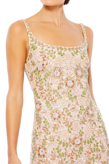 Mac Duggal_Beige Polyester Crystals, Sequins, Beads Scoop Neck Floral Embellished Dress _Online_at_Aza_Fashions